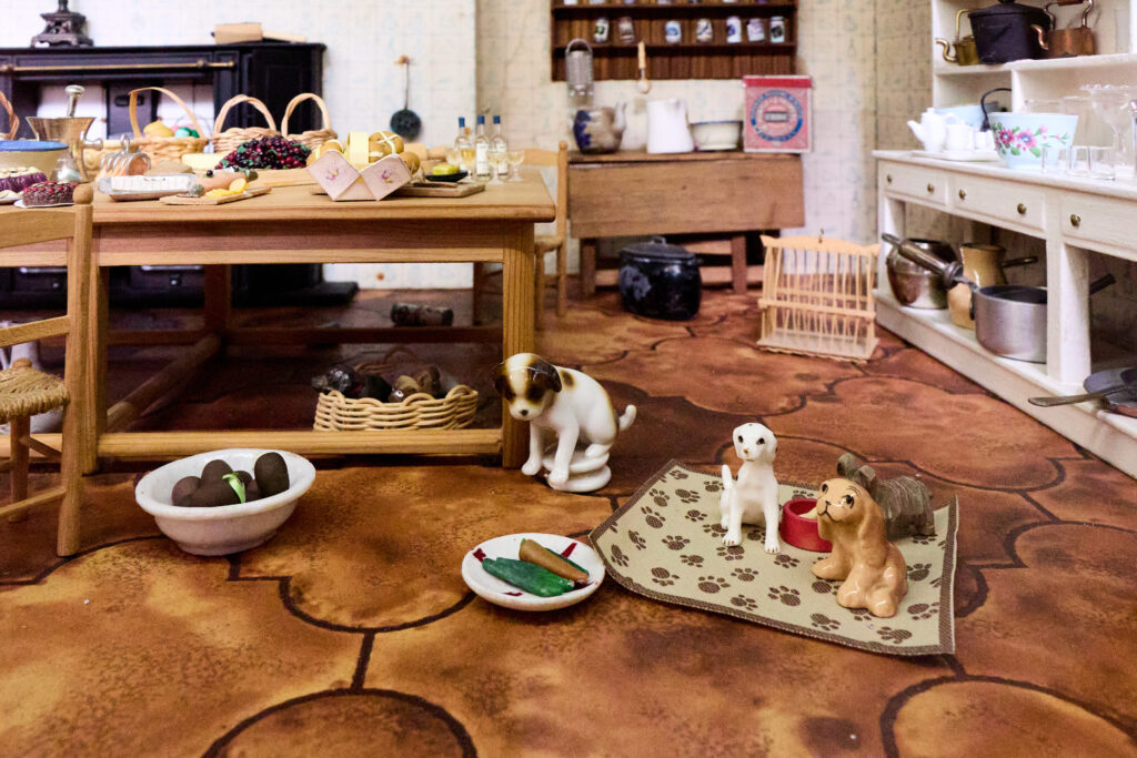 A close up of the kitchen room of Tara's Palace featuring some of the tiny house pets.