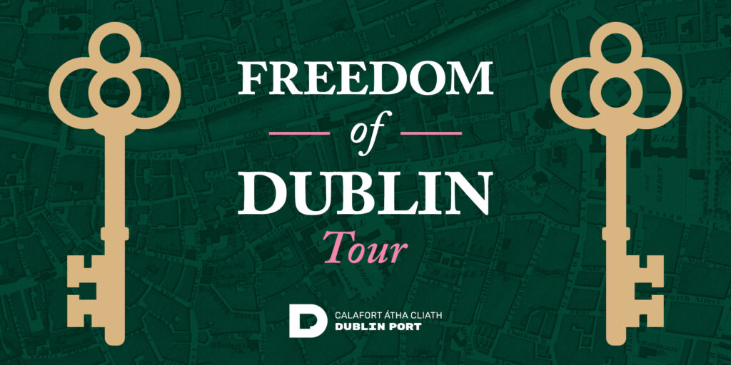 Title image for the Freedom of Dublin Tour, including some large gold keys and the logo of the sponsor Dublin Port